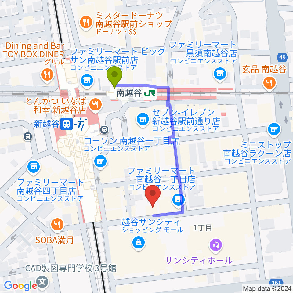 ミリオン楽器 南越谷店の最寄駅南越谷駅からの徒歩ルート（約3分）地図