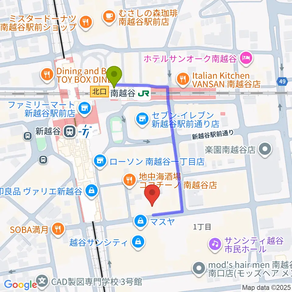 ミリオン楽器 南越谷店の最寄駅南越谷駅からの徒歩ルート（約3分）地図