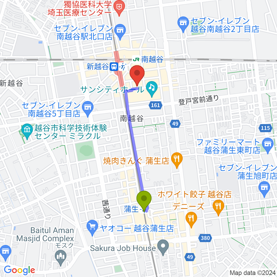蒲生駅からミリオン楽器 南越谷店へのルートマップ地図