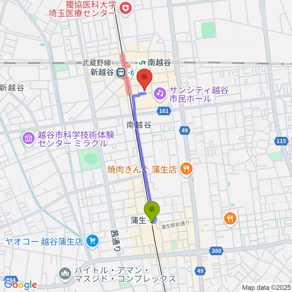 蒲生駅からミリオン楽器 南越谷店へのルートマップ地図