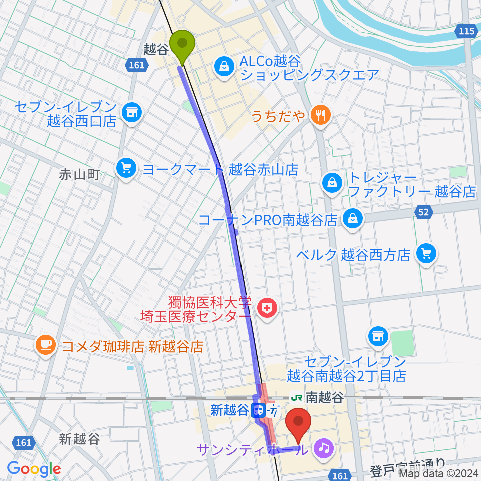 越谷駅からミリオン楽器 南越谷店へのルートマップ地図