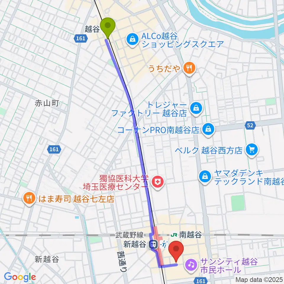 越谷駅からミリオン楽器 南越谷店へのルートマップ地図