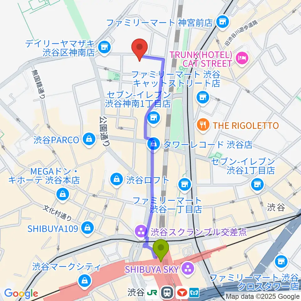 ロックオンカンパニー渋谷店の最寄駅渋谷駅からの徒歩ルート（約10分）地図