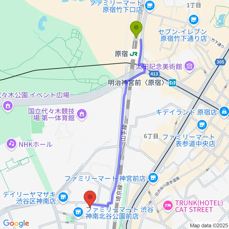 原宿駅からロックオンカンパニー渋谷店へのルートマップ地図