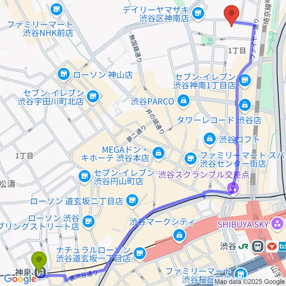 神泉駅からロックオンカンパニー渋谷店へのルートマップ地図