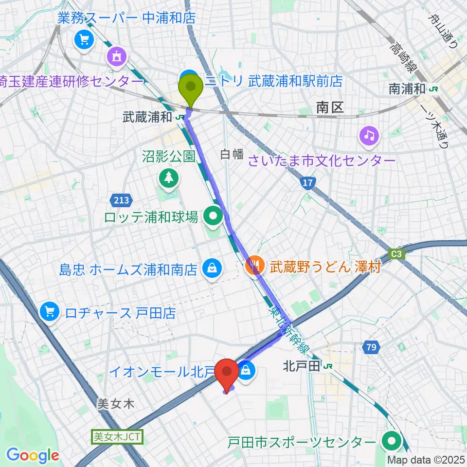 武蔵浦和駅から管楽器修理 ミルズへのルートマップ地図