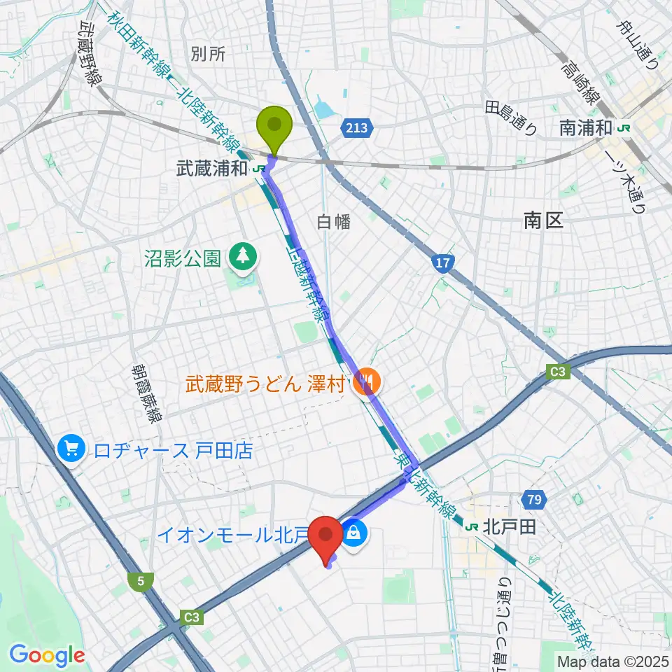武蔵浦和駅からミルズへのルートマップ地図