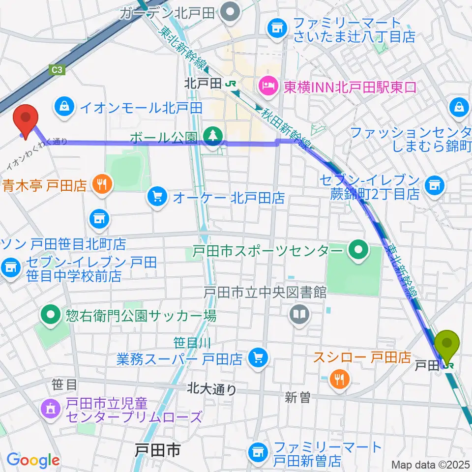 戸田駅から管楽器修理 ミルズへのルートマップ地図