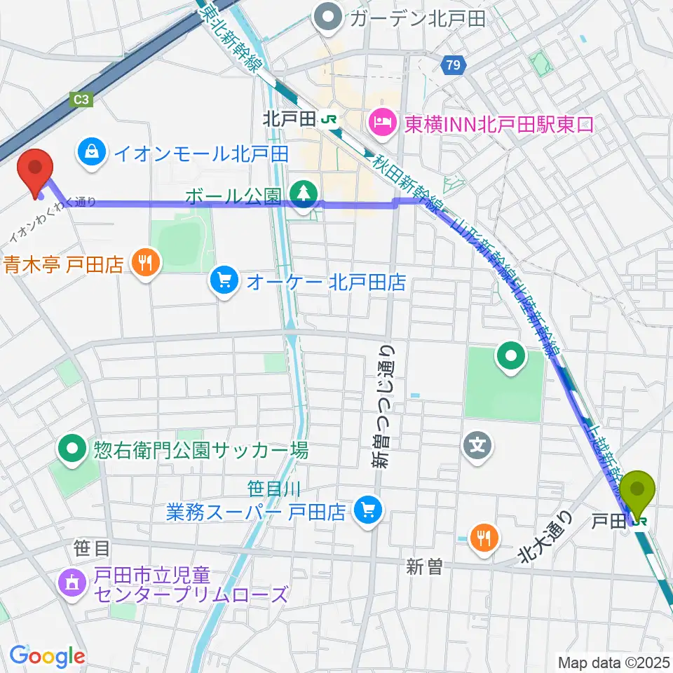 戸田駅からミルズへのルートマップ地図