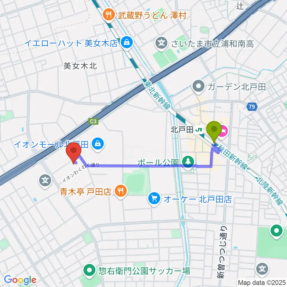 ミルズの最寄駅北戸田駅からの徒歩ルート（約15分）地図