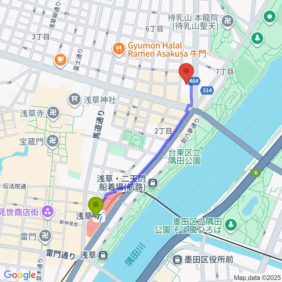 宮本卯之助商店の最寄駅浅草駅からの徒歩ルート（約9分）地図
