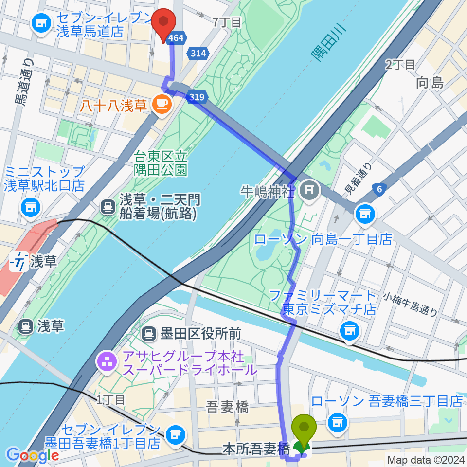 本所吾妻橋駅から宮本卯之助商店へのルートマップ地図