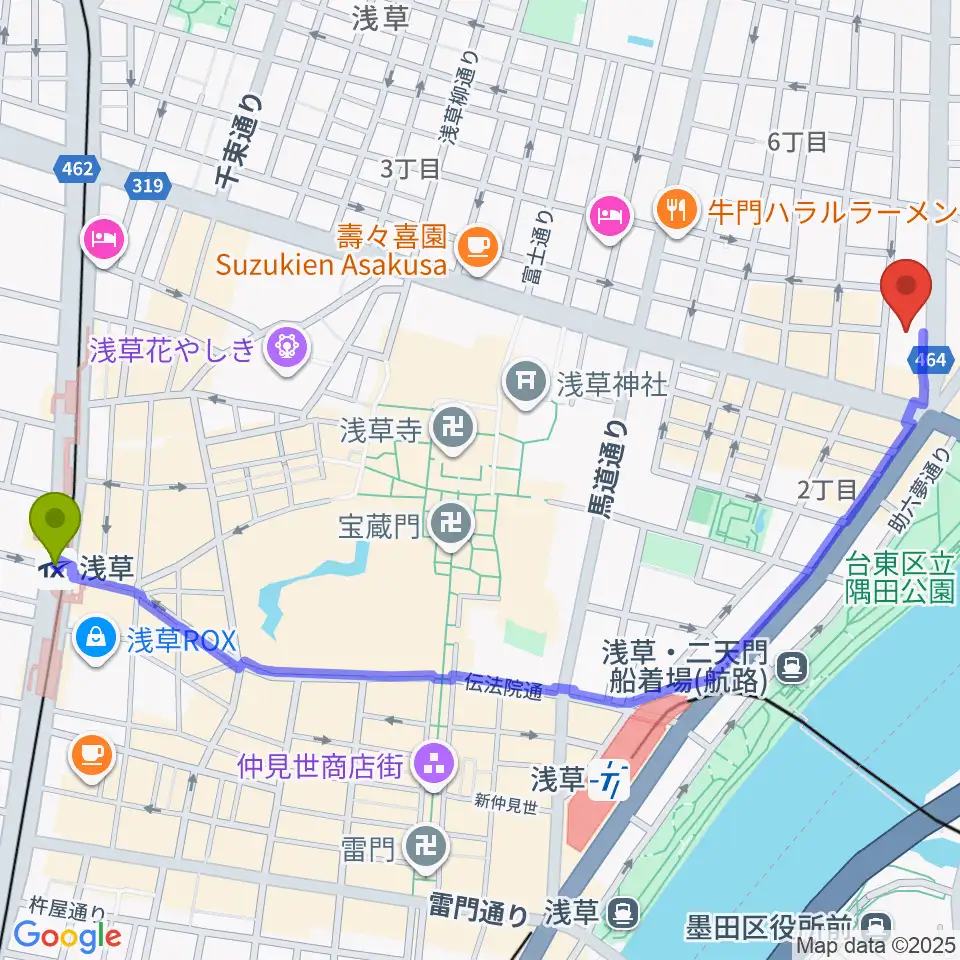 浅草駅から宮本卯之助商店へのルートマップ地図