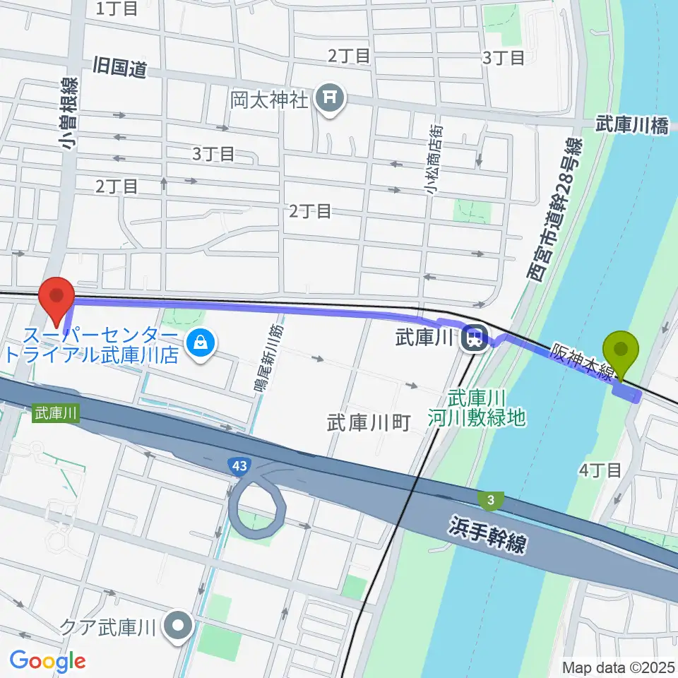 武庫川駅から森岡楽器 西宮本店へのルートマップ地図