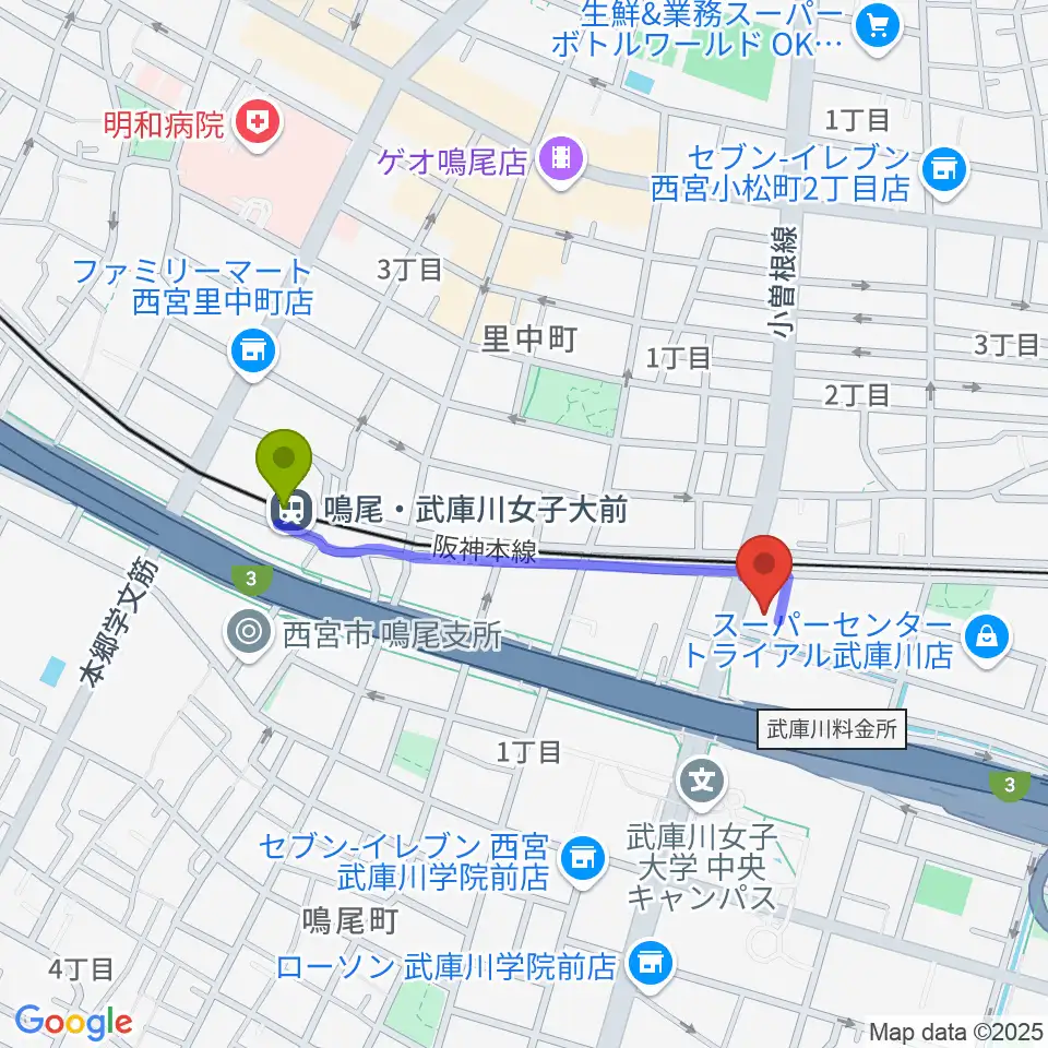 森岡楽器 西宮本店の最寄駅鳴尾・武庫川女子大前駅からの徒歩ルート（約7分）地図