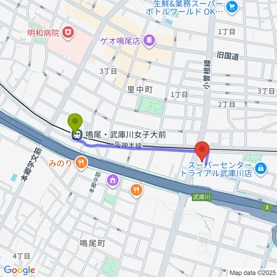 森岡楽器 西宮本店の最寄駅鳴尾・武庫川女子大前駅からの徒歩ルート（約7分）地図