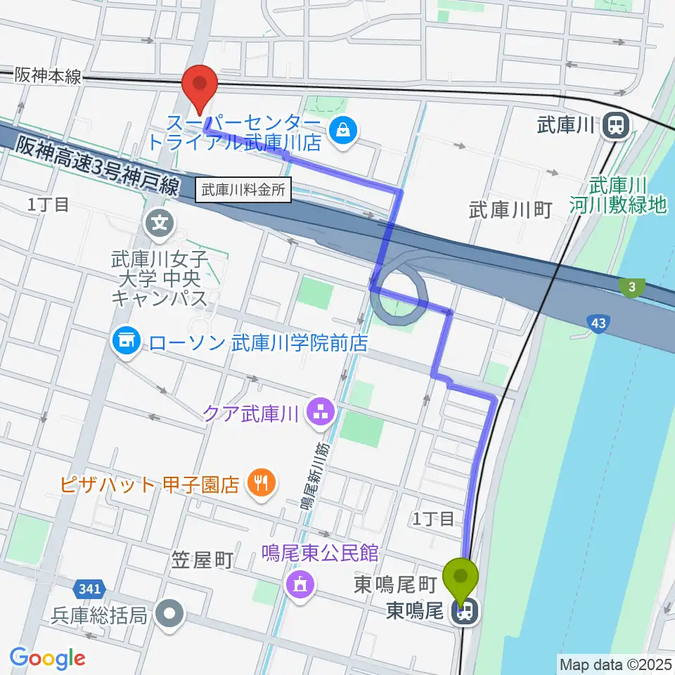 東鳴尾駅から森岡楽器 西宮本店へのルートマップ地図