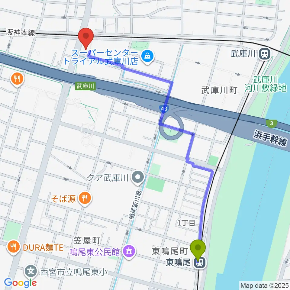 東鳴尾駅から森岡楽器 西宮本店へのルートマップ地図