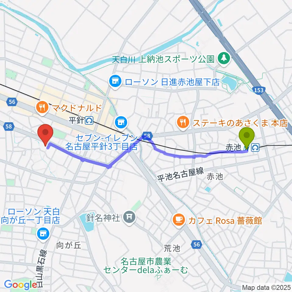 赤池駅から名古屋ピアノ調律センターへのルートマップ地図