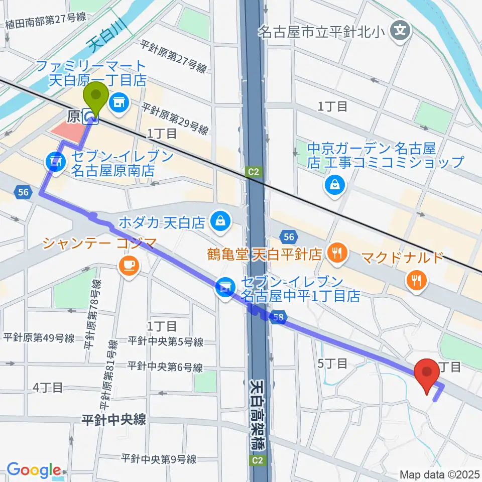 原駅から名古屋ピアノ調律センターへのルートマップ地図