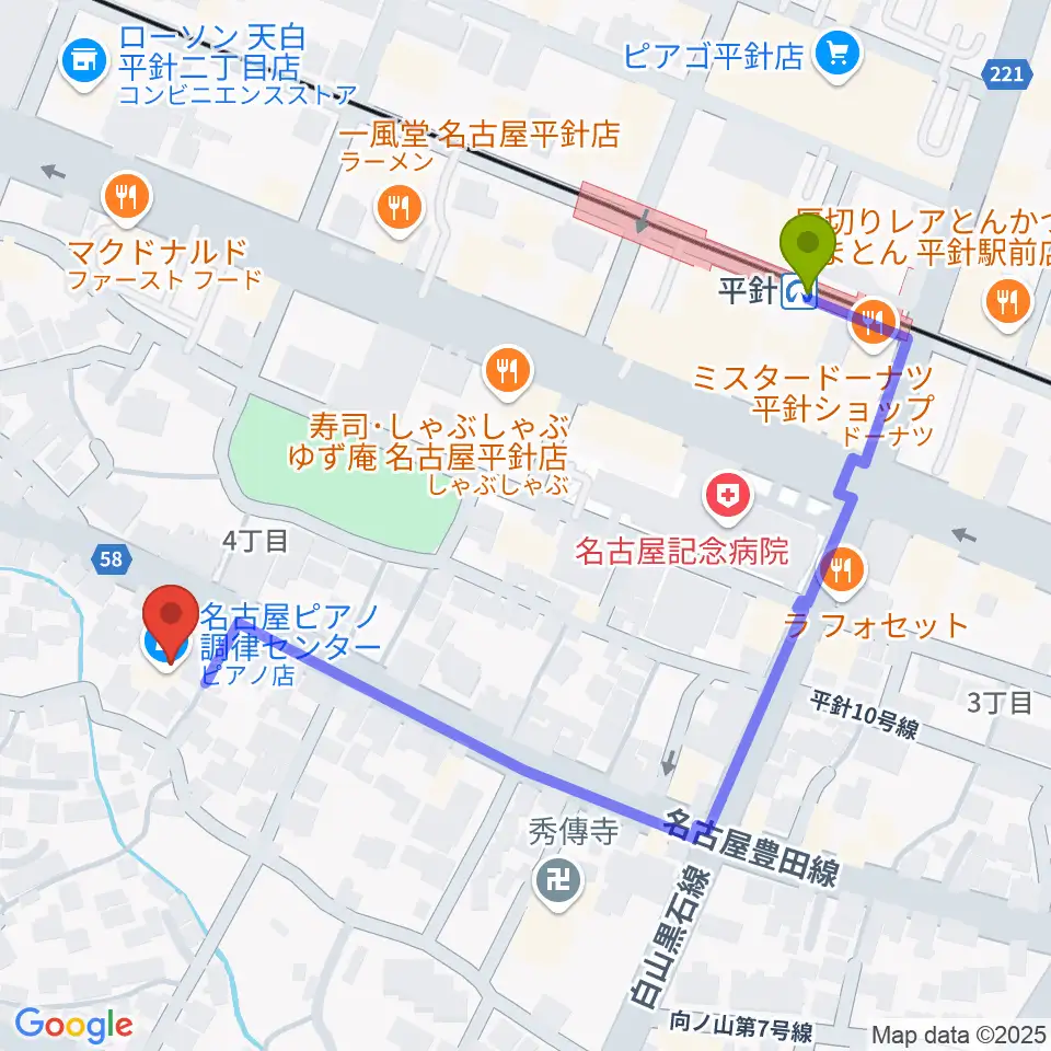 名古屋ピアノ調律センターの最寄駅平針駅からの徒歩ルート（約5分）地図