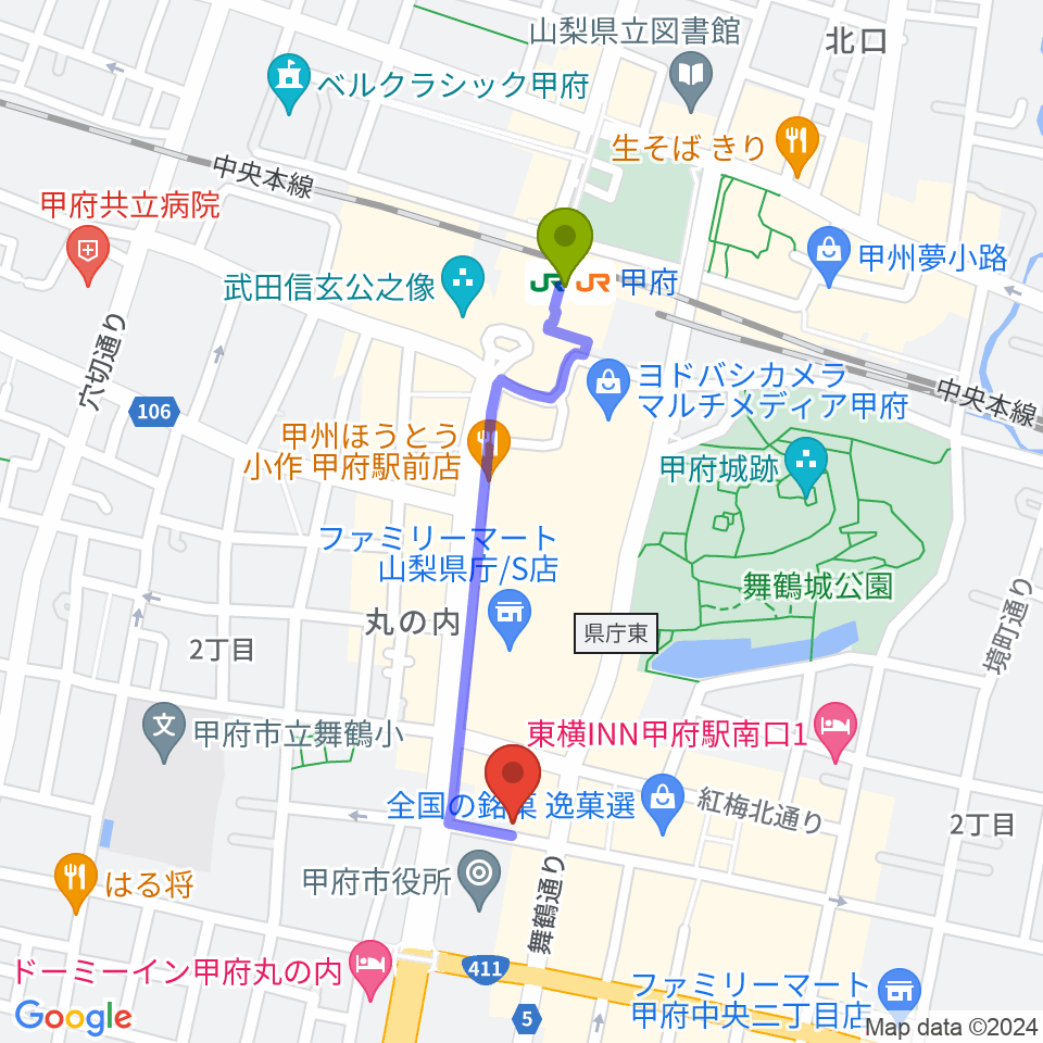 内藤楽器本店の最寄駅甲府駅からの徒歩ルート（約8分）地図