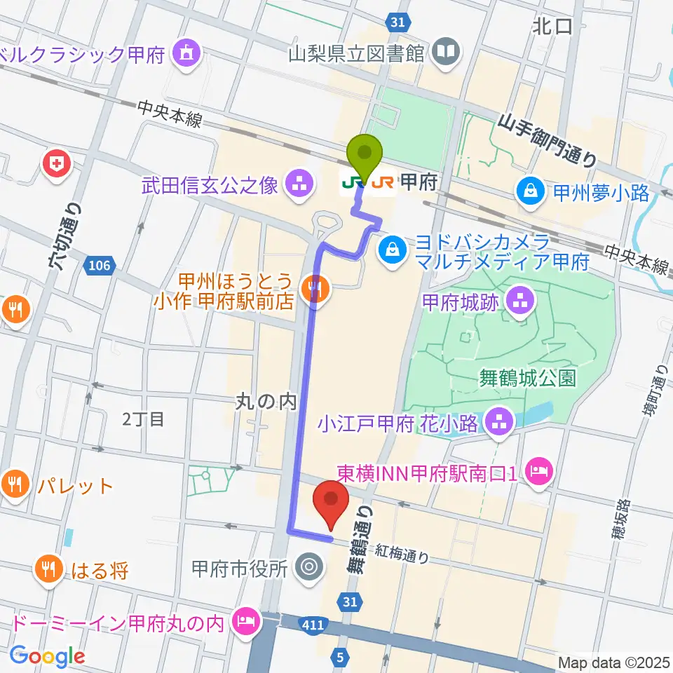 内藤楽器本店の最寄駅甲府駅からの徒歩ルート（約8分）地図