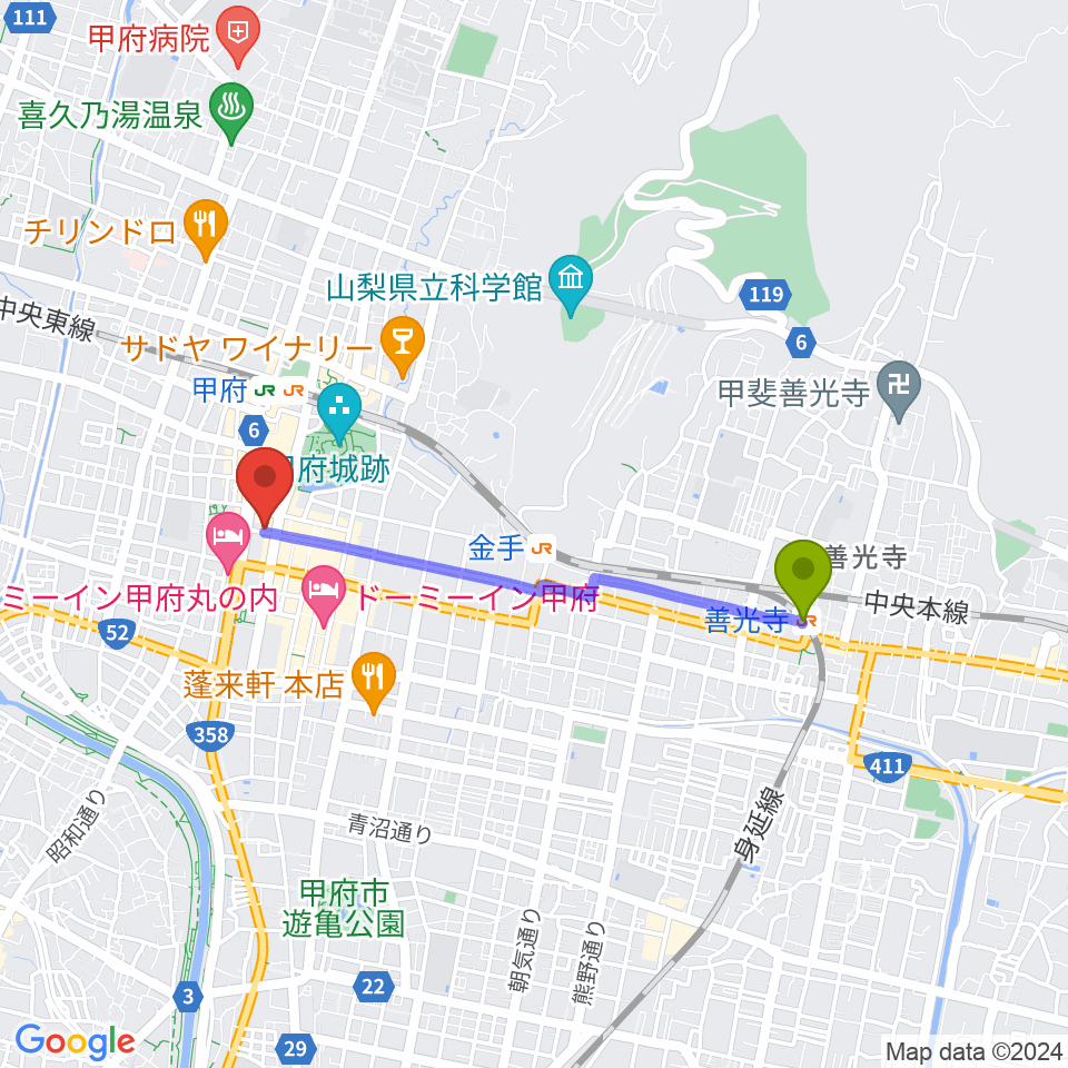 善光寺駅から内藤楽器本店へのルートマップ地図