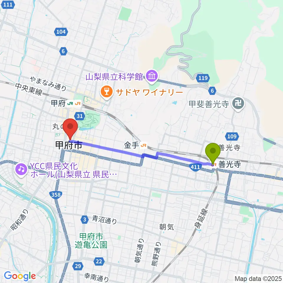 善光寺駅から内藤楽器本店へのルートマップ地図