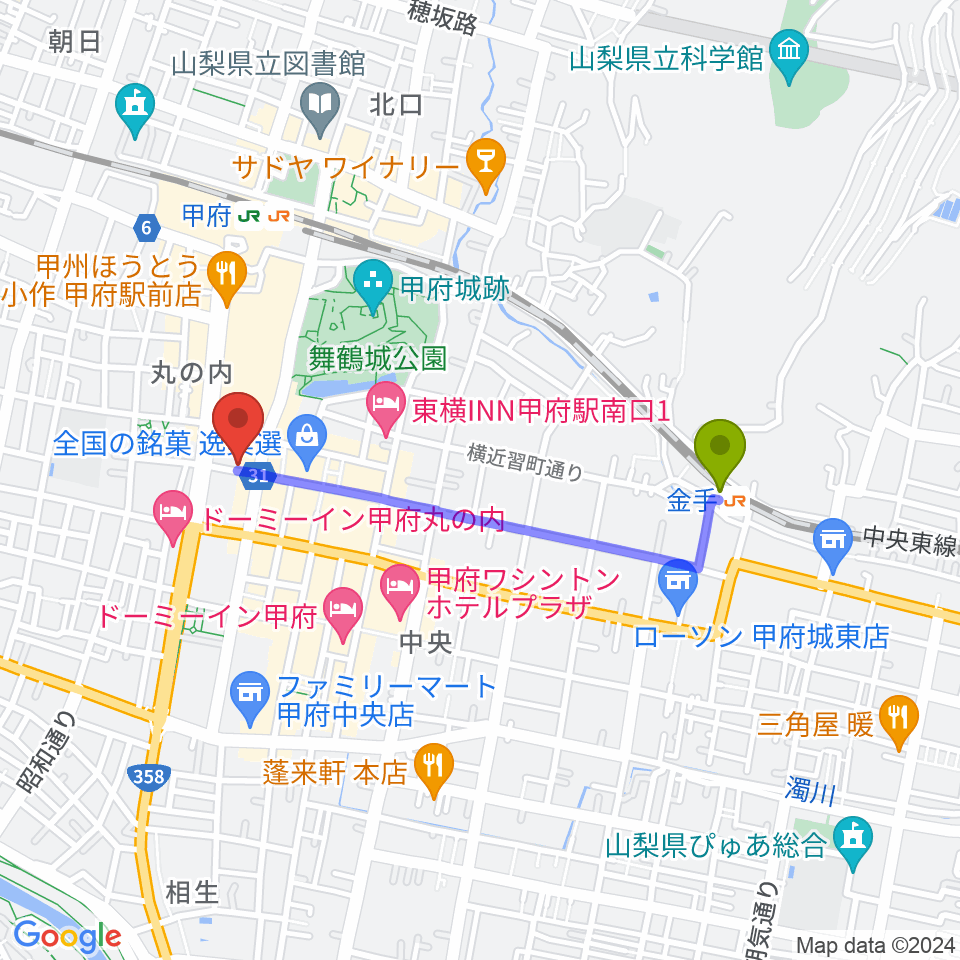 金手駅から内藤楽器本店へのルートマップ地図
