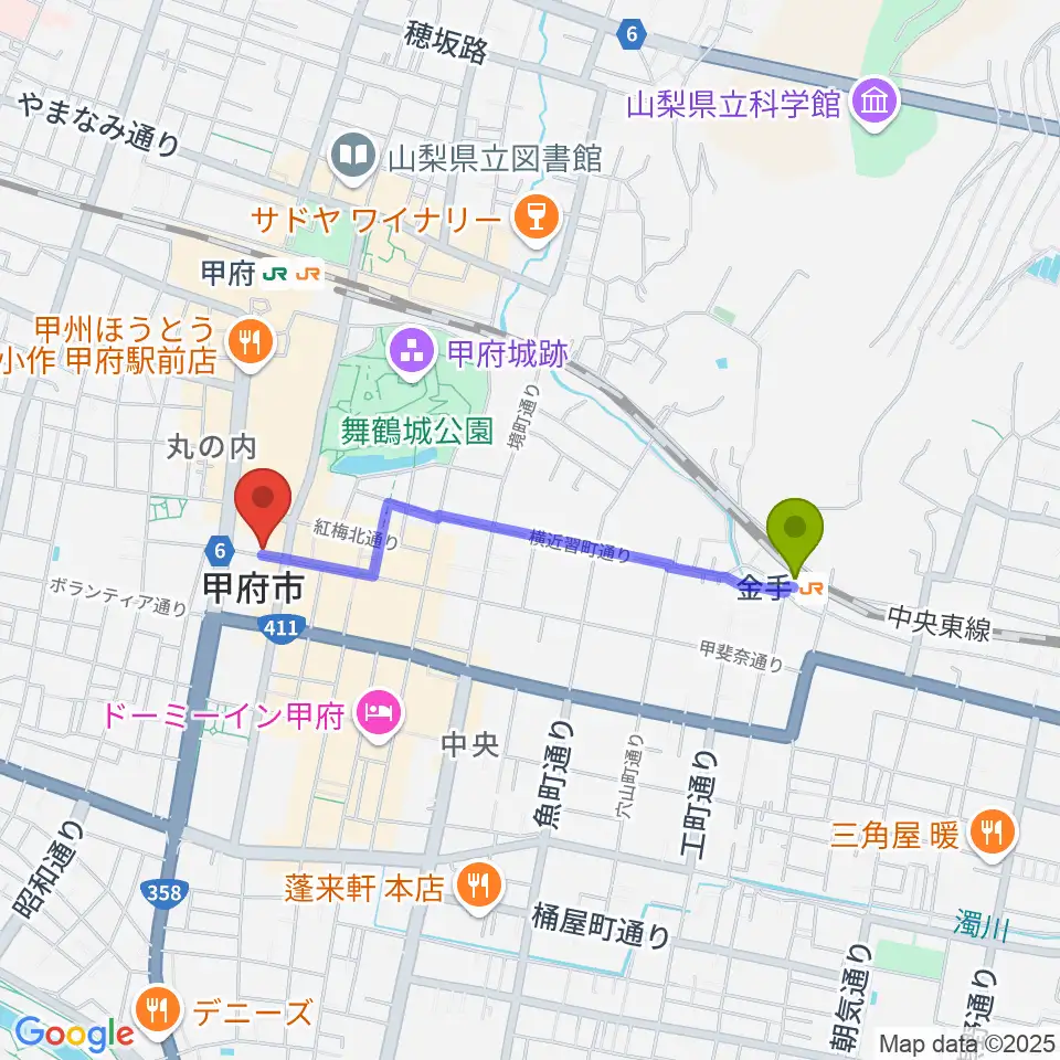 金手駅から内藤楽器本店へのルートマップ地図
