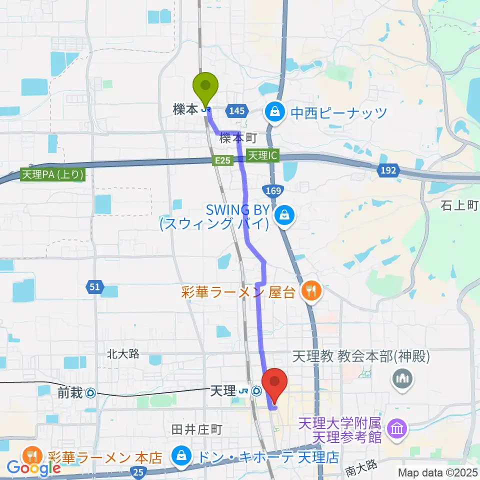 櫟本駅から雅楽器 たなかやへのルートマップ地図