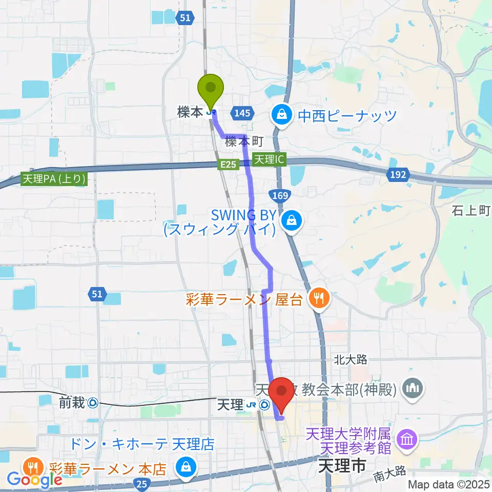 櫟本駅から雅楽器 たなかやへのルートマップ地図