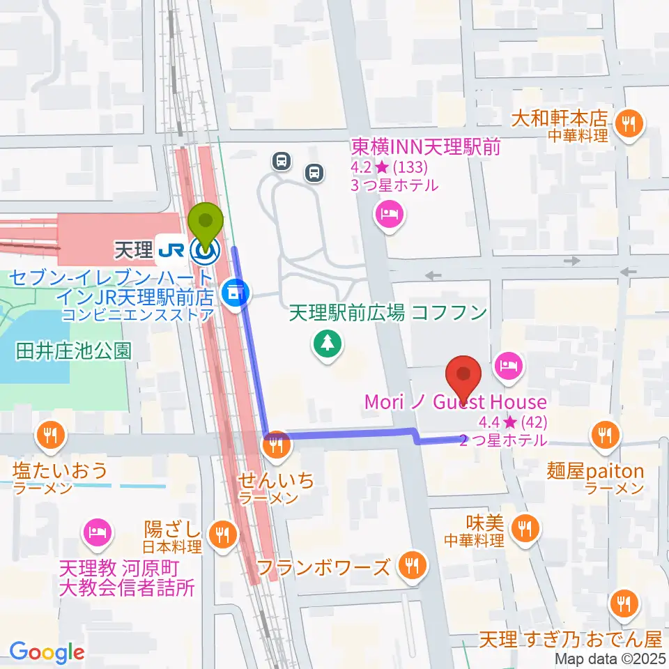 雅楽器 たなかやの最寄駅天理駅からの徒歩ルート（約4分）地図