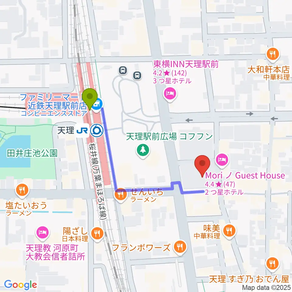 雅楽器 たなかやの最寄駅天理駅からの徒歩ルート（約4分）地図
