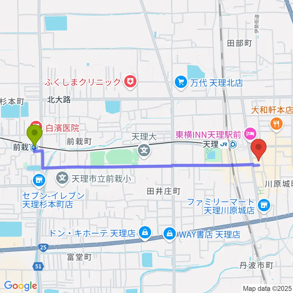 前栽駅から雅楽器 たなかやへのルートマップ地図