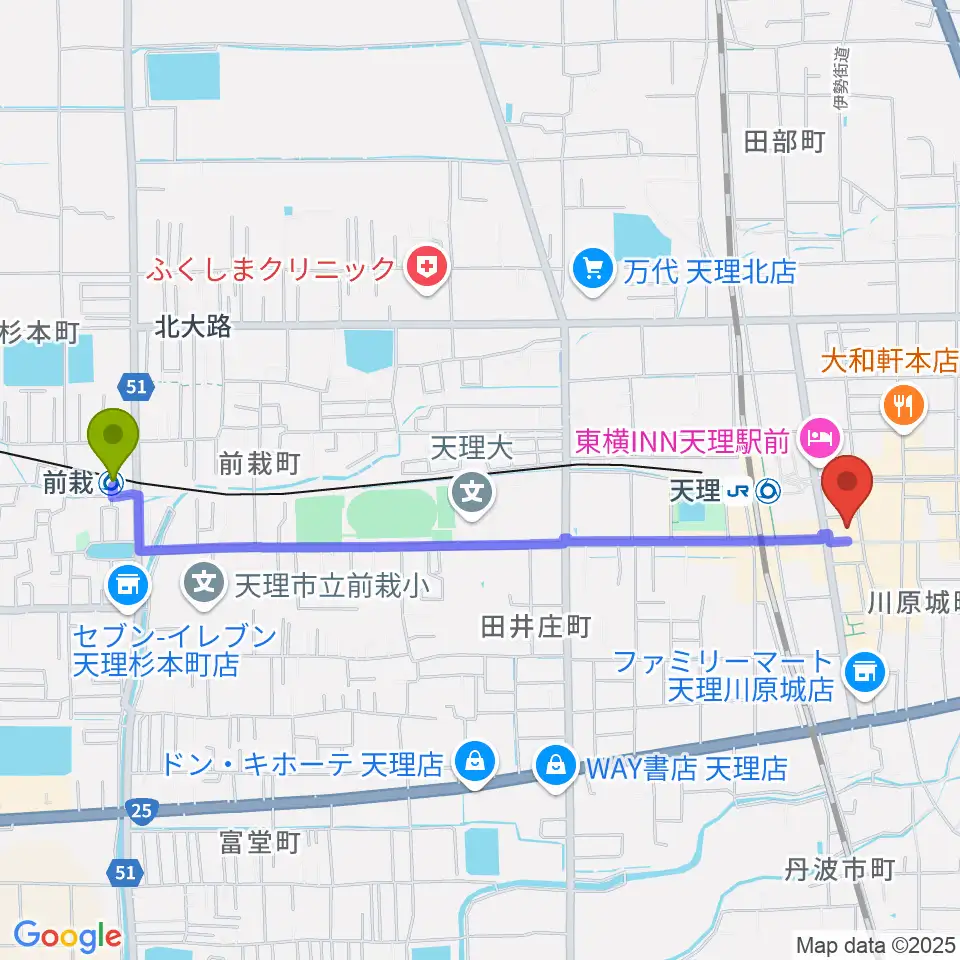 前栽駅から雅楽器 たなかやへのルートマップ地図