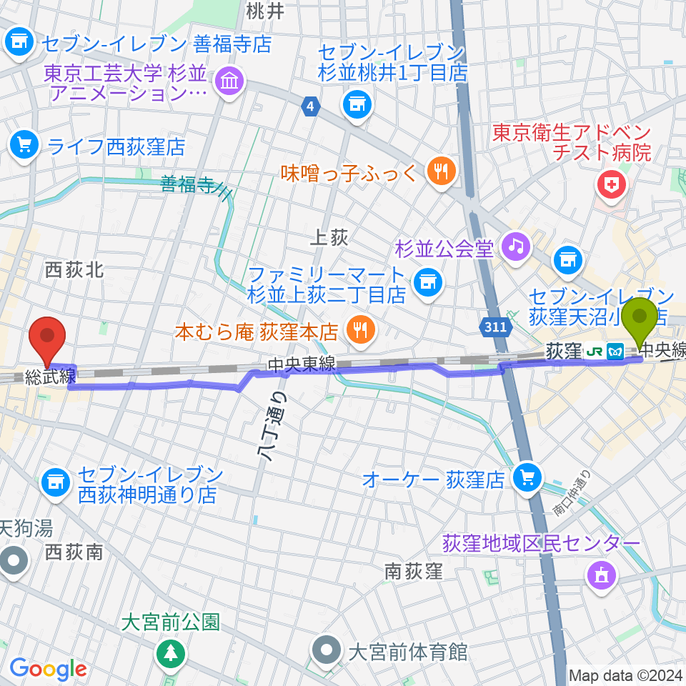 荻窪駅からマエカワギタークラフトへのルートマップ地図