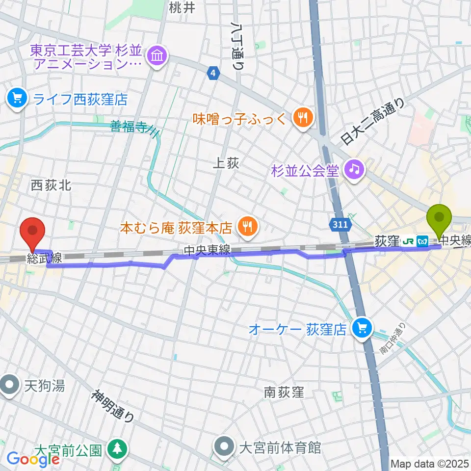荻窪駅からマエカワギタークラフトへのルートマップ地図