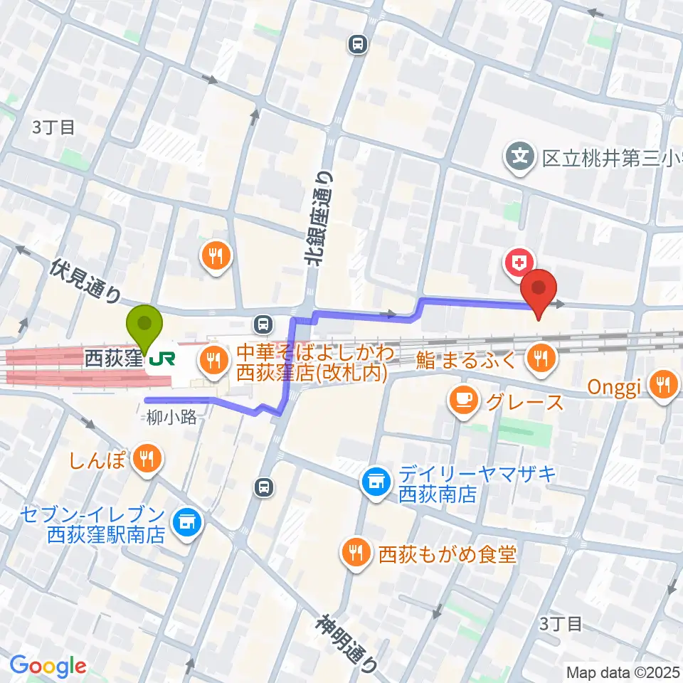 マエカワギタークラフトの最寄駅西荻窪駅からの徒歩ルート（約4分）地図