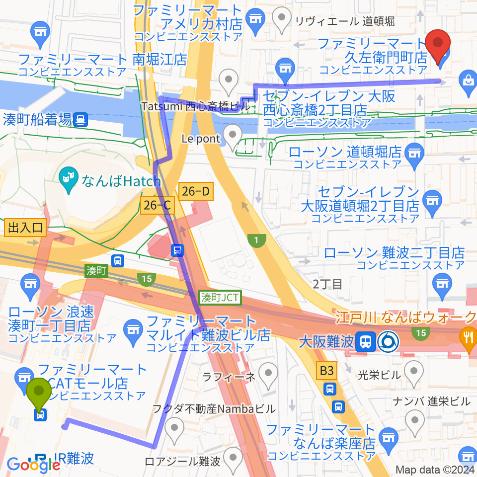 ＪＲ難波駅から名師堂 大阪店へのルートマップ地図