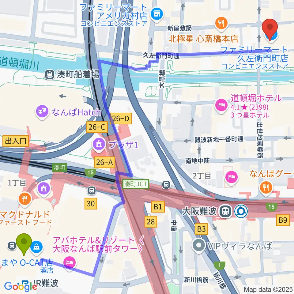 ＪＲ難波駅から名師堂 大阪店へのルートマップ地図