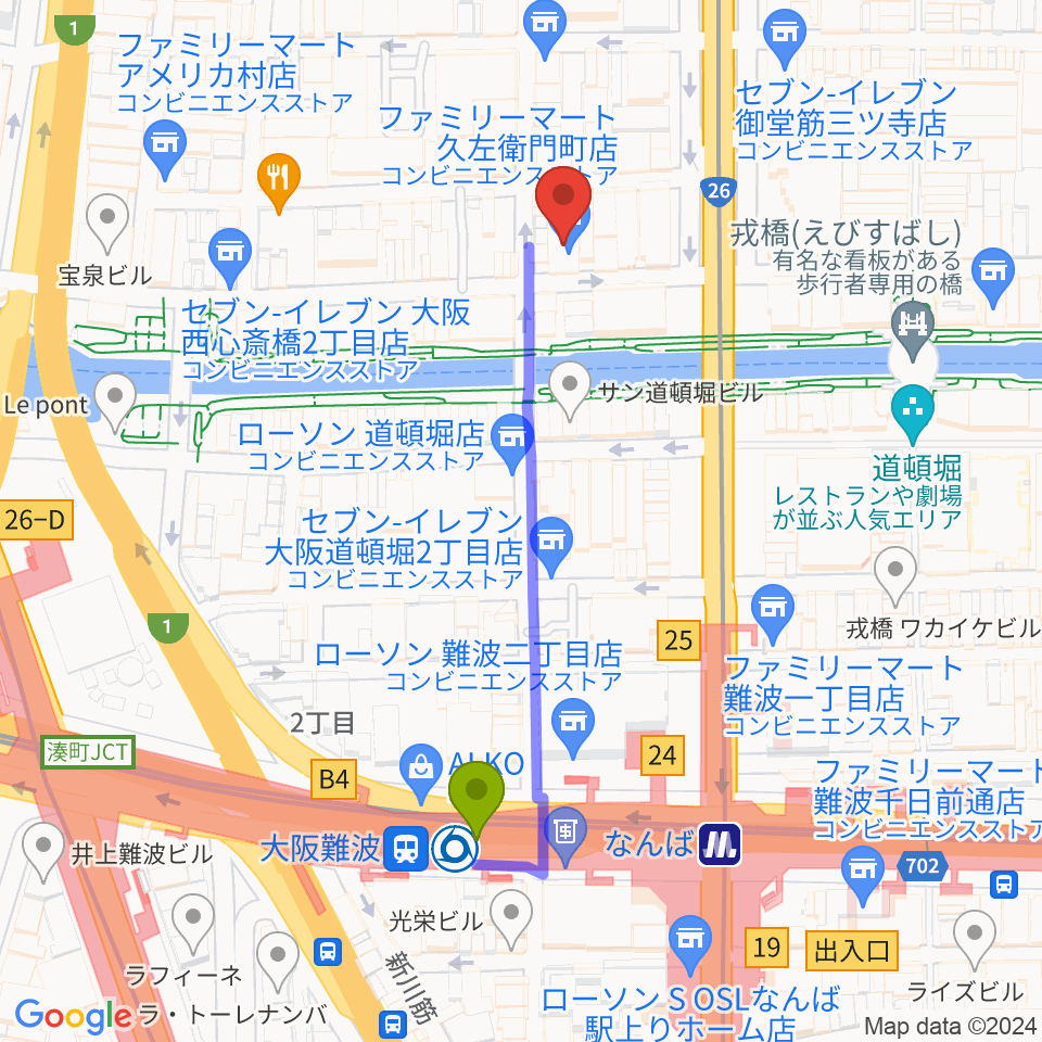 名師堂 大阪店の最寄駅大阪難波駅からの徒歩ルート（約5分）地図
