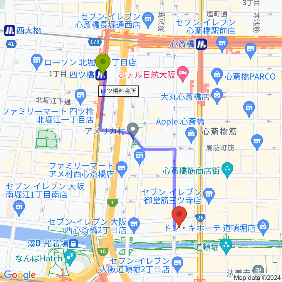 四ツ橋駅から名師堂 大阪店へのルートマップ地図