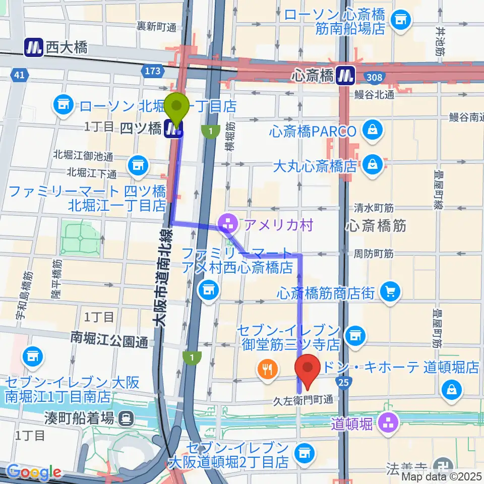 四ツ橋駅から名師堂 大阪店へのルートマップ地図
