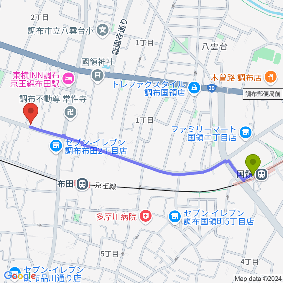 国領駅から大西楽器店へのルートマップ地図