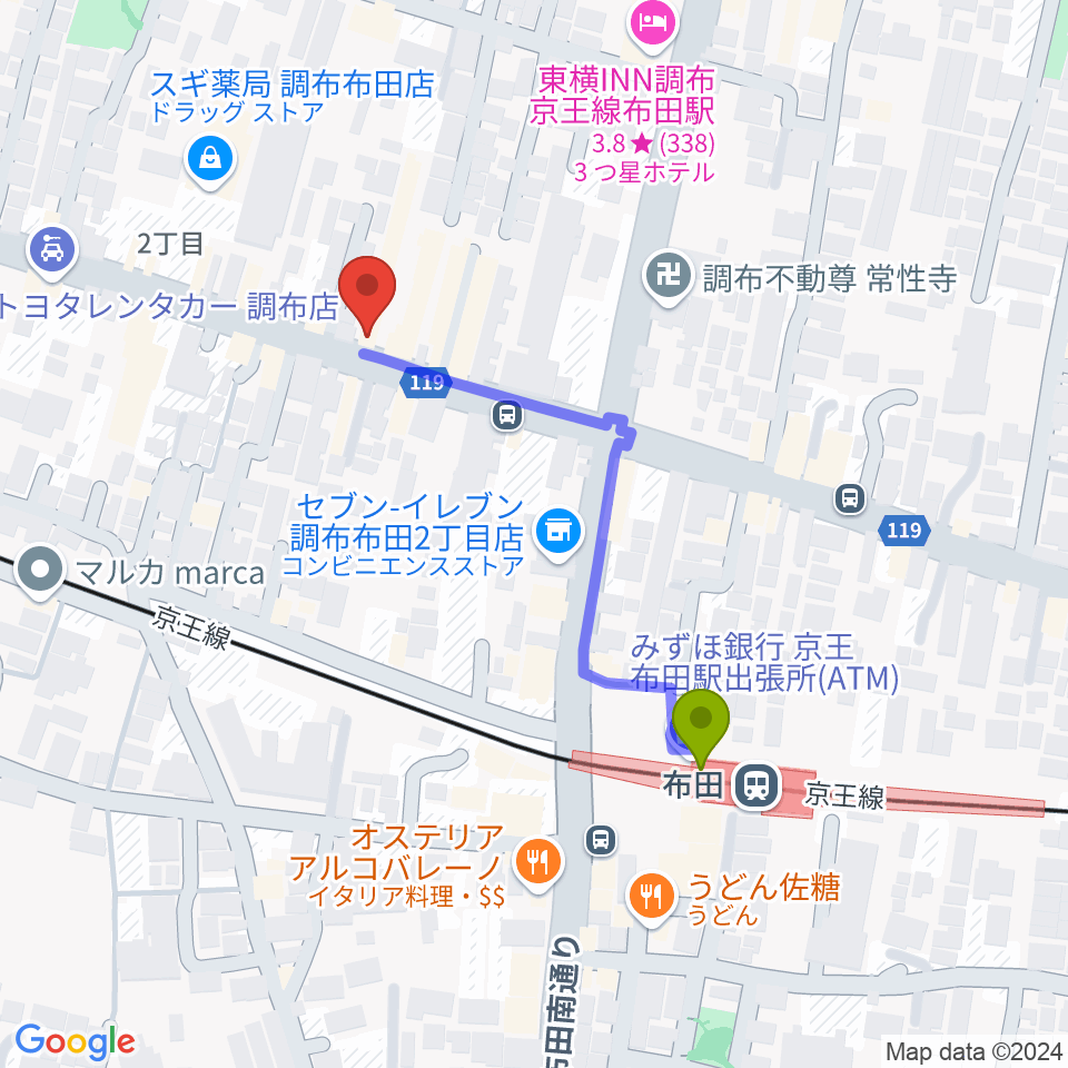 大西楽器店の最寄駅布田駅からの徒歩ルート（約4分）地図