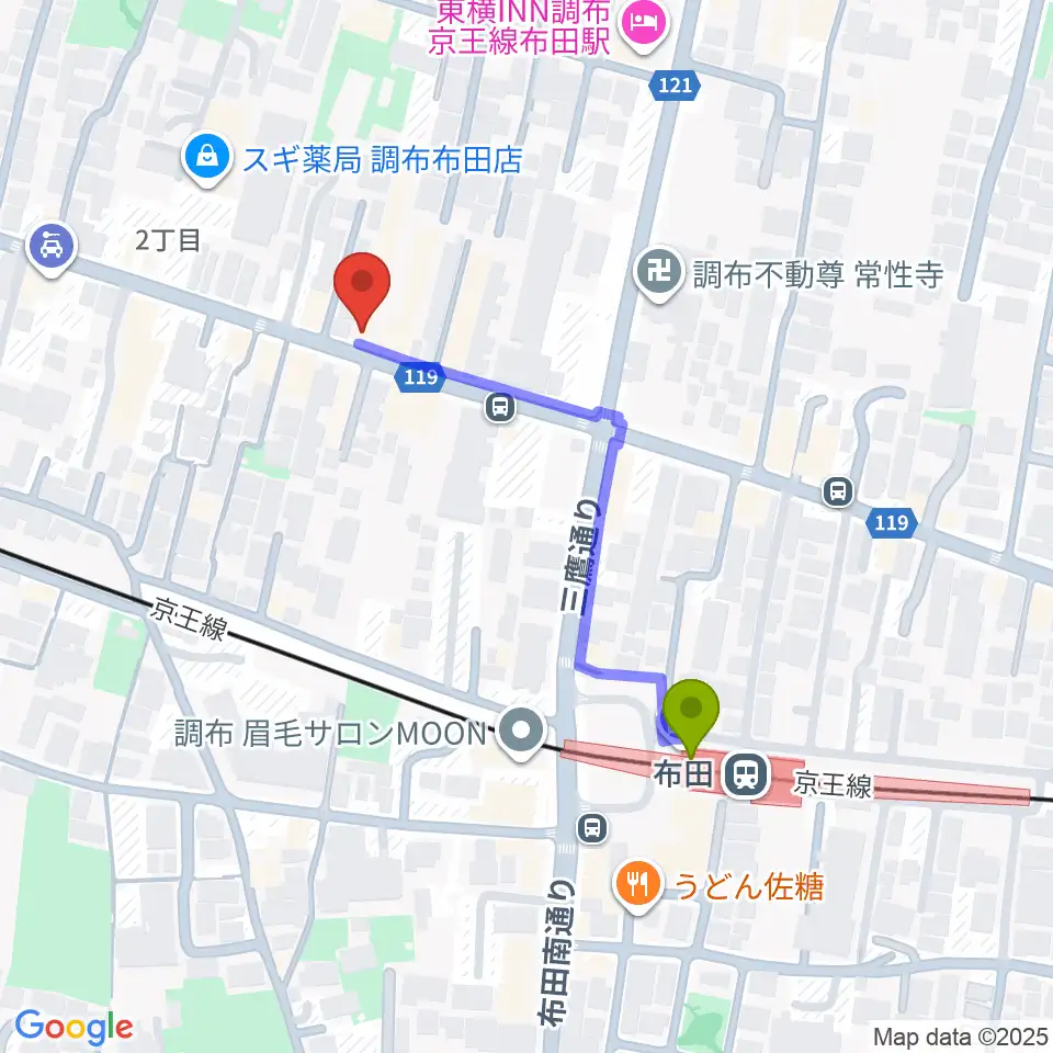 大西楽器店の最寄駅布田駅からの徒歩ルート（約4分）地図