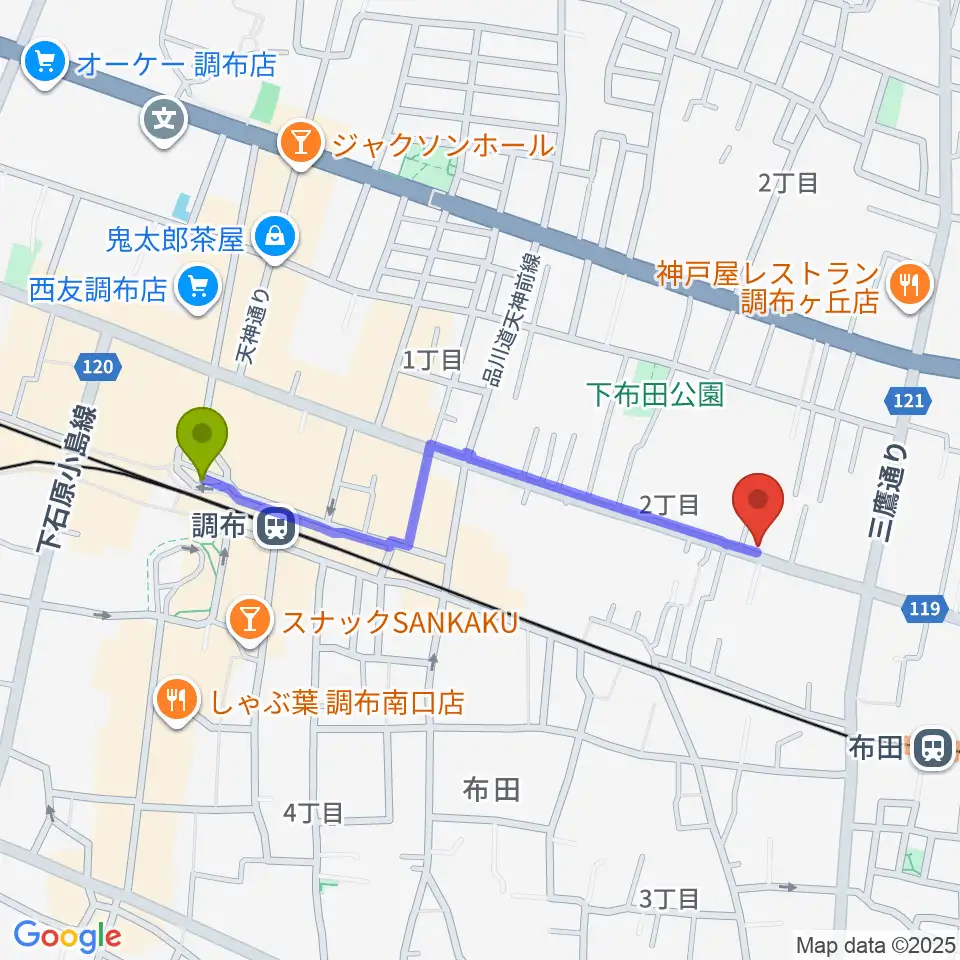 調布駅から大西楽器店へのルートマップ地図
