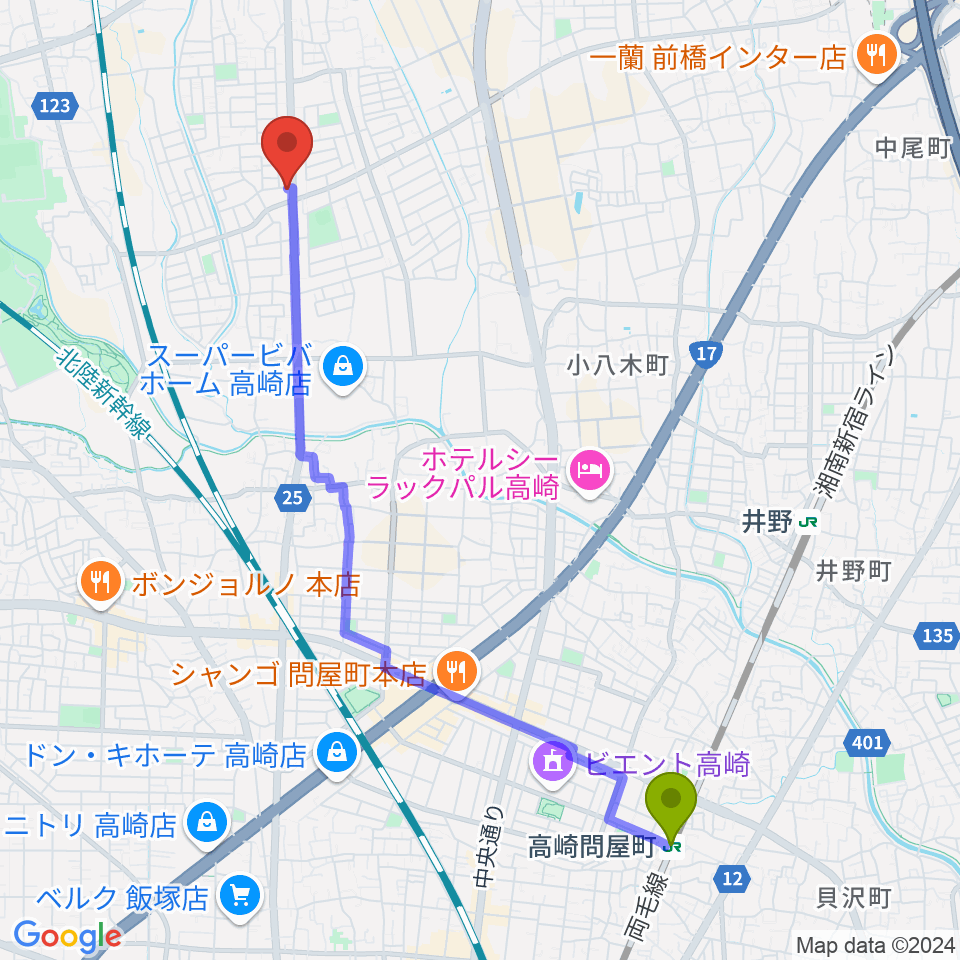 高崎問屋町駅からオカダ楽器へのルートマップ地図